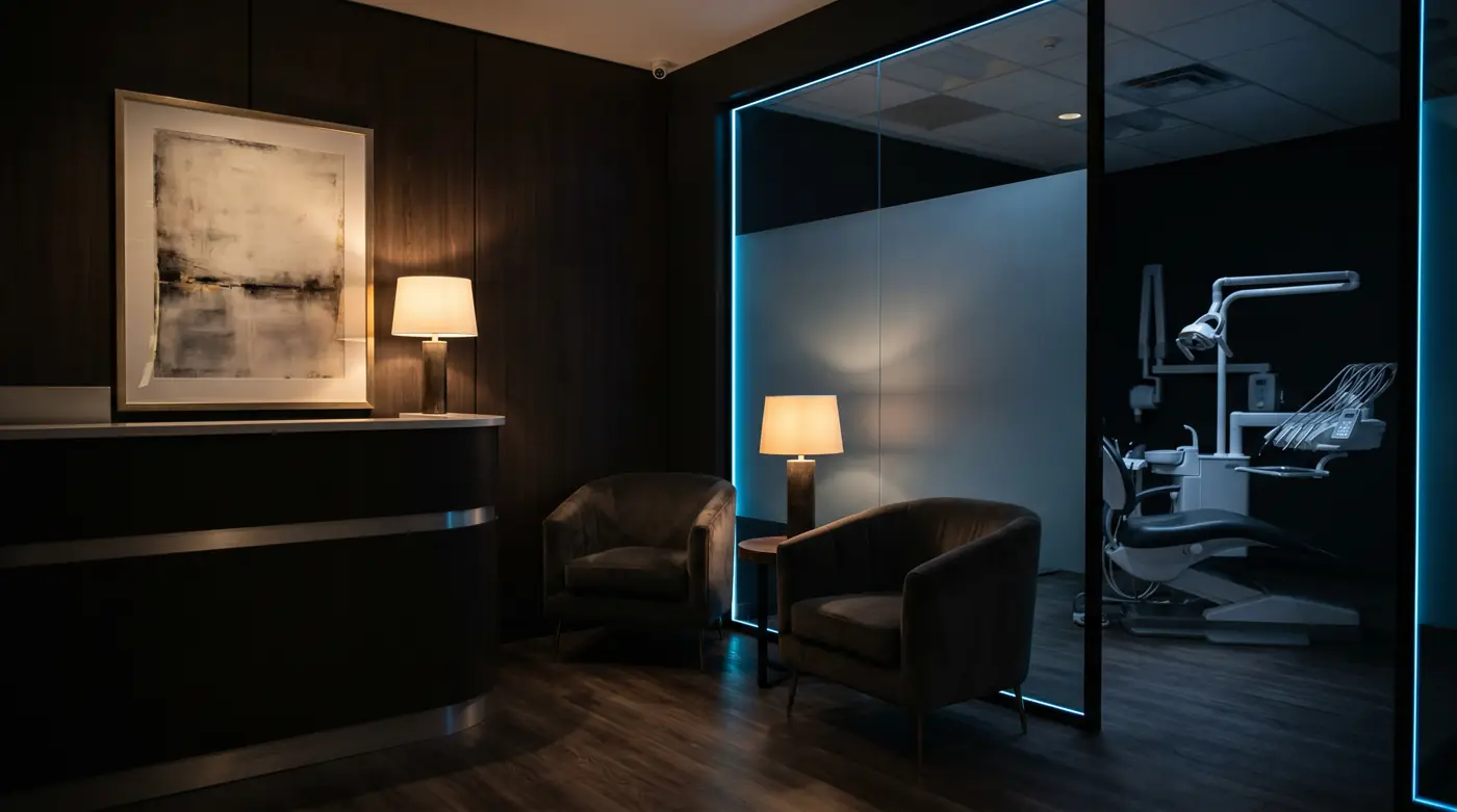 Interior of a premium modern dental practice with a calm reception and a clean treatment room