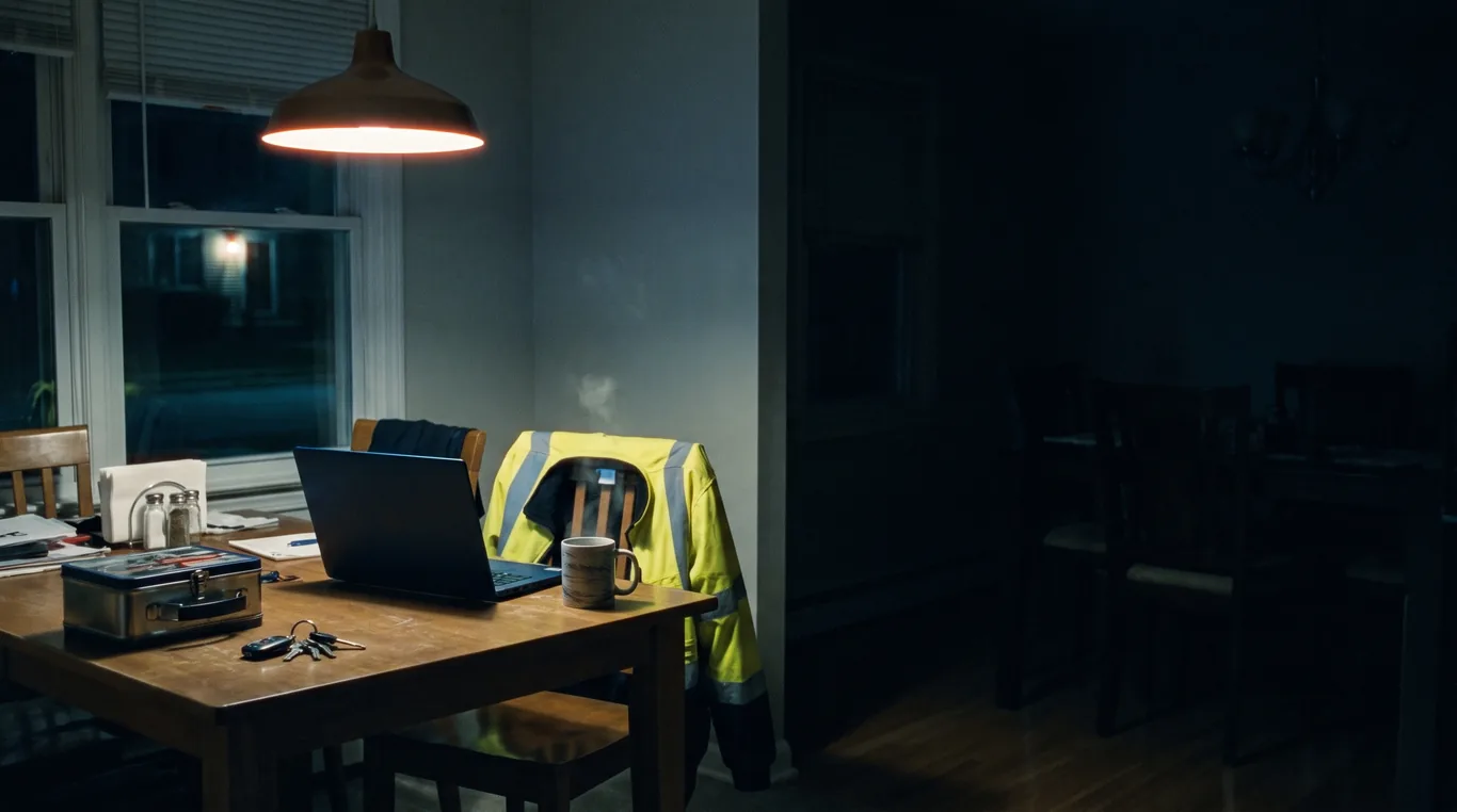 A kitchen table at night in a New Jersey home: an open laptop's glow, a hi-vis work jacket on the chair, a steel lunchbox, the dark street outside