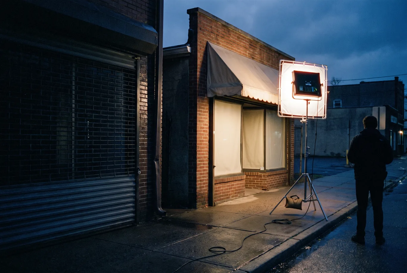 A small brick storefront at night lit by one light panel on a stand, with a cable running along the wet sidewalk