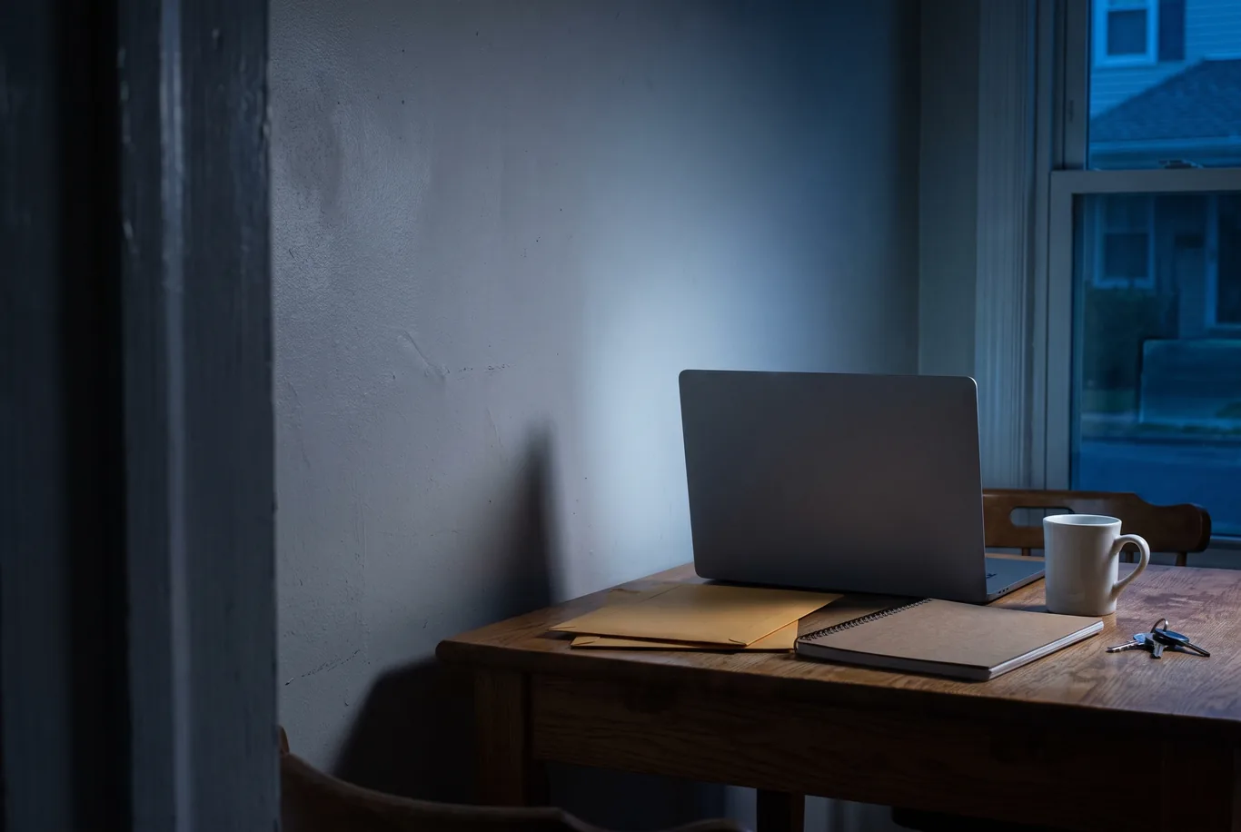 An open laptop on a kitchen table at night throws a soft square of light onto the wall behind it