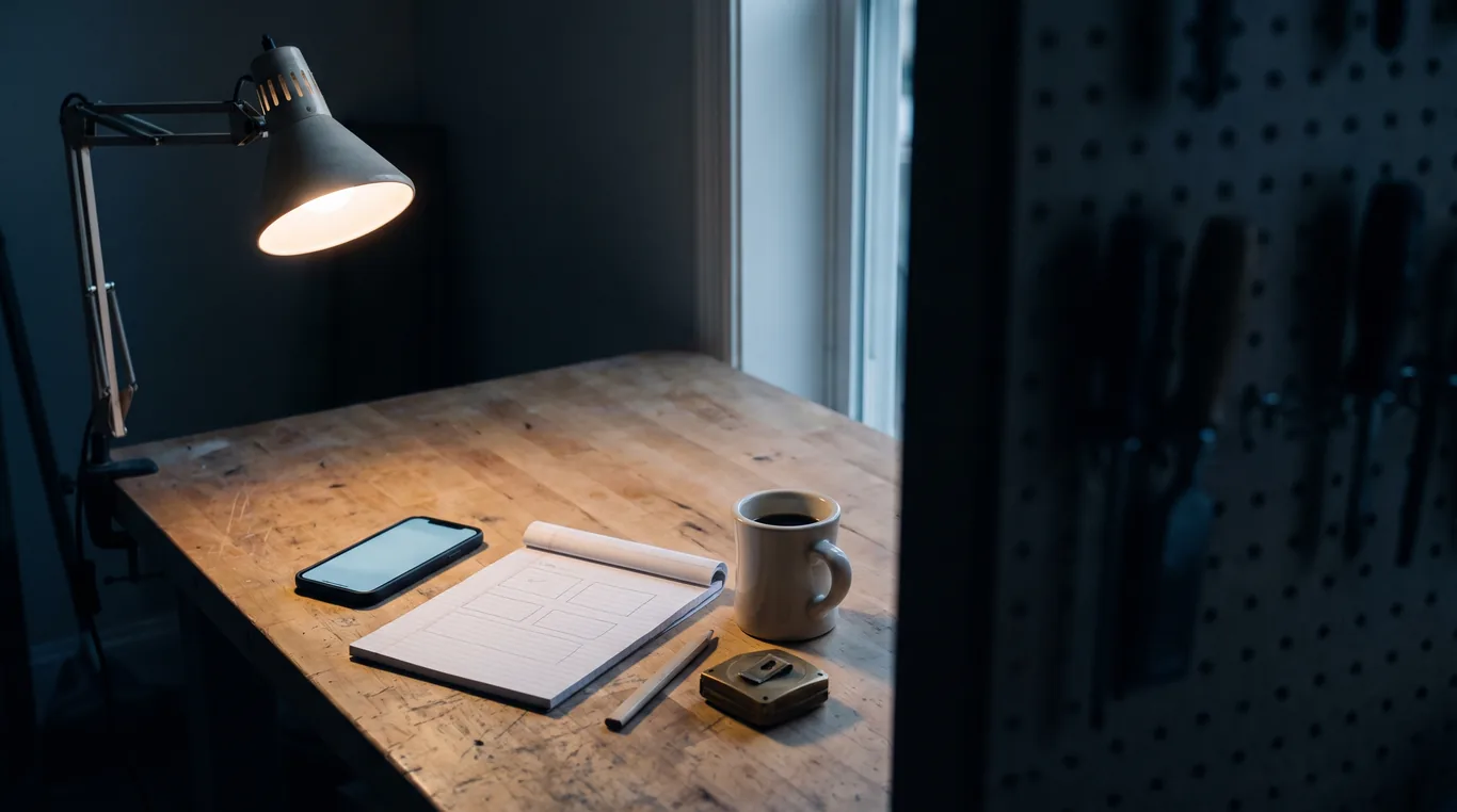A workbench at night with a phone, an open notebook, a coffee mug and a tape measure under one clamp lamp