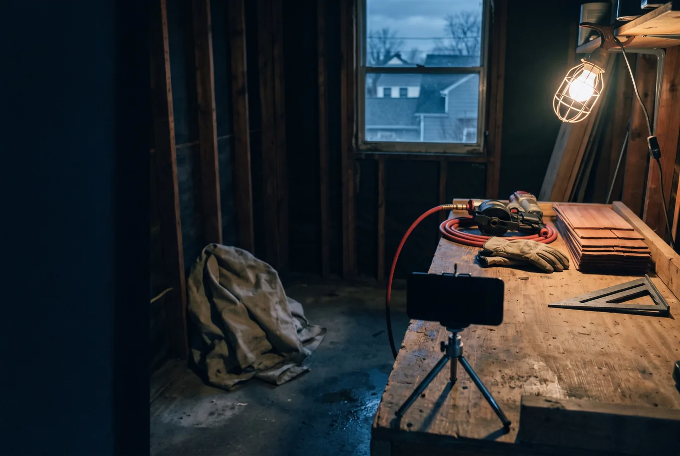 A phone on a small tripod stands on a workbench at night, pointed at a nailer, work gloves and a stack of cedar shingles