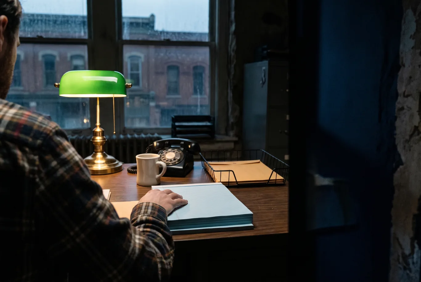 A business owner seen from behind rests a hand on a thick stack of paper on a desk lit by one green lamp at night