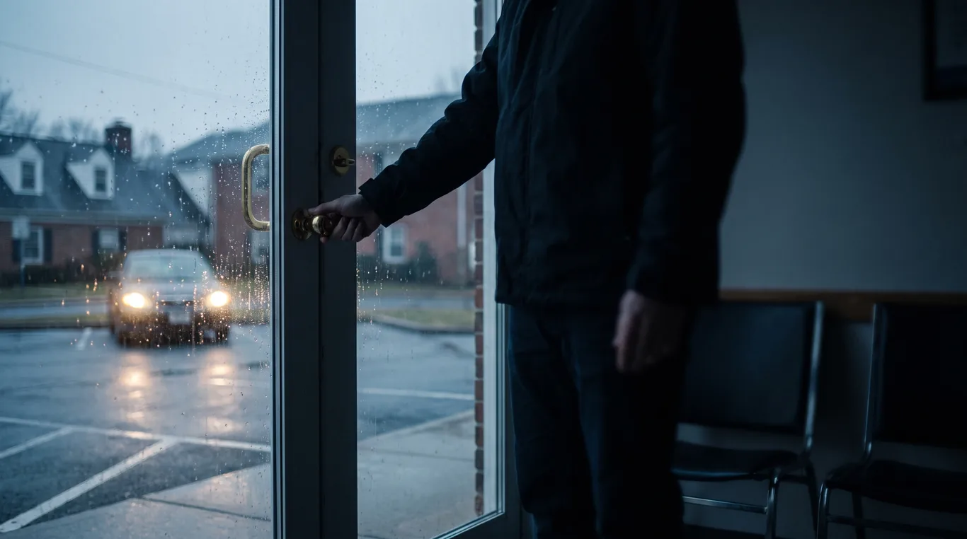 A hand unlocking a clinic's glass front door from inside at dawn, wet parking lot and blurred headlights beyond