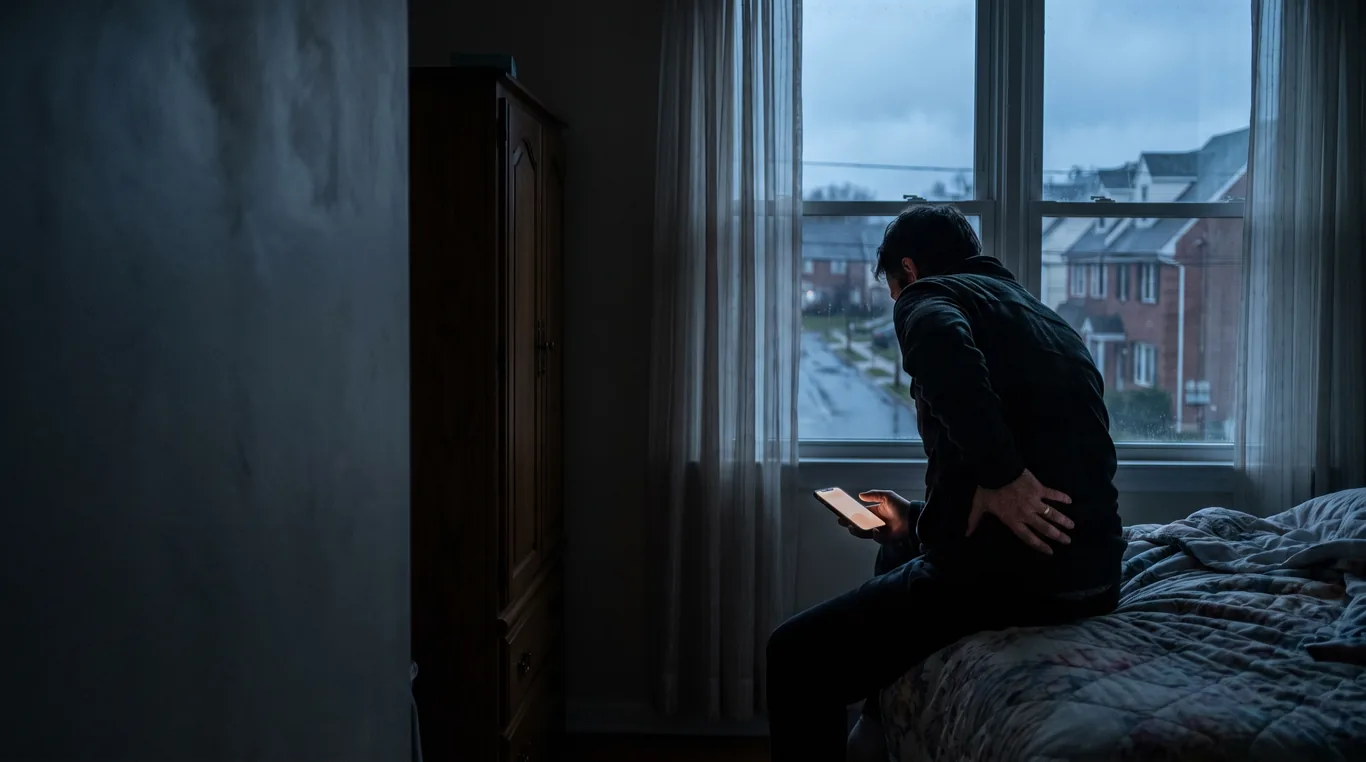Seen from behind at dawn, a person sitting on the edge of a bed with one hand pressed to the lower back and a phone glowing in the other