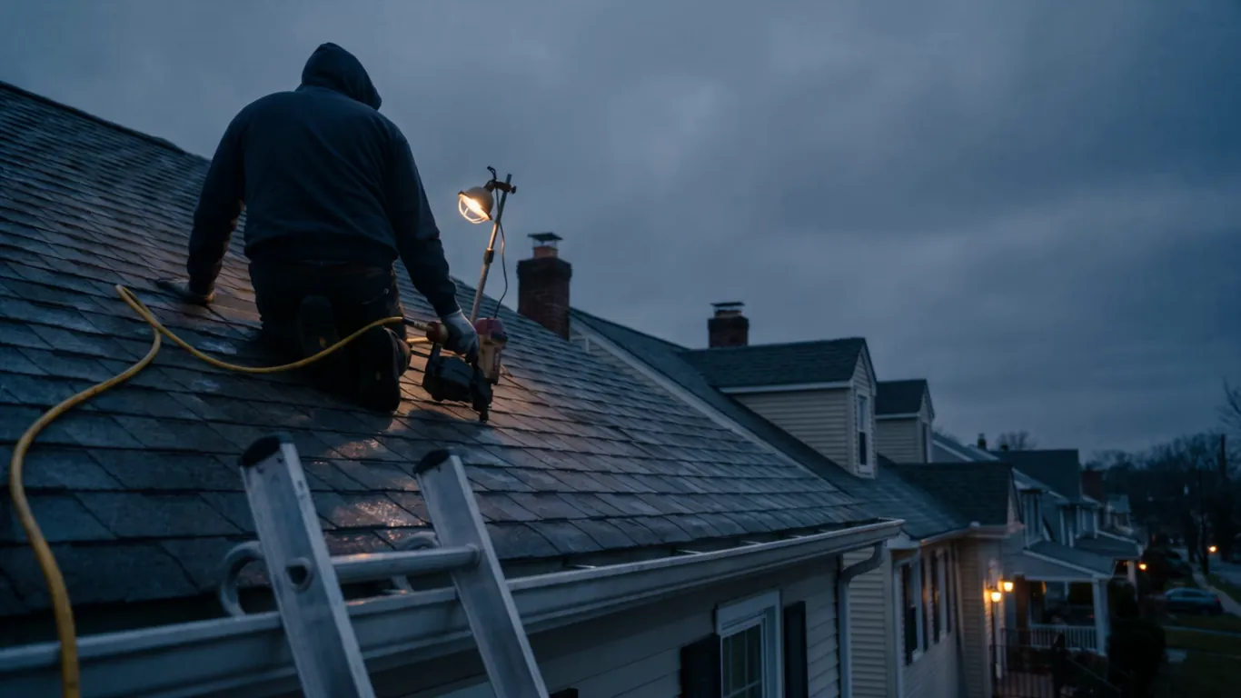 A roofer's gloved hands drive the last nails on a colonial roof at blue hour, a ladder rail in the foreground and wet rooftops receding