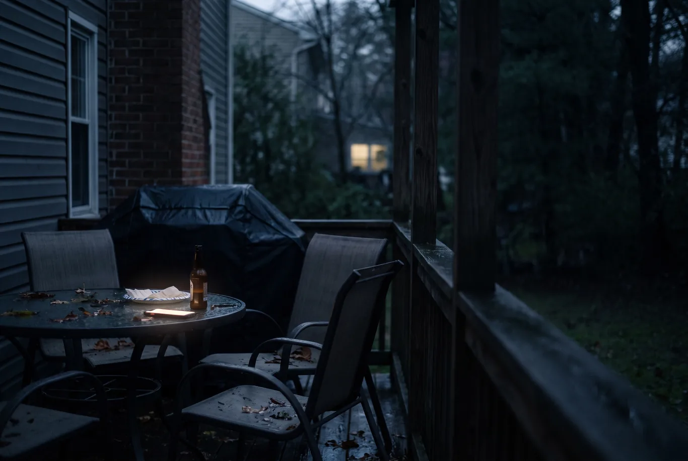 A back porch at night with a phone glowing on the patio table beside a covered grill and two chairs