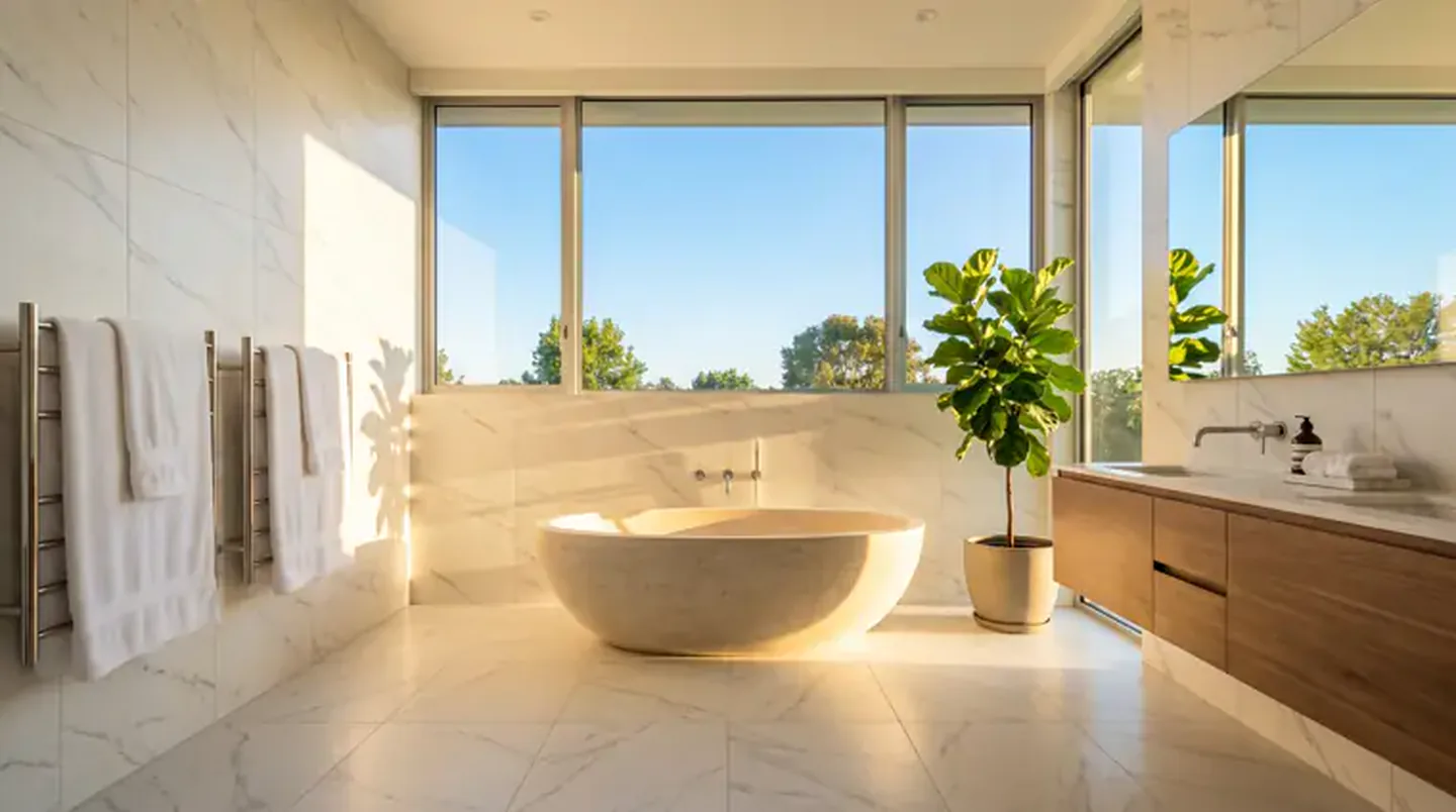 A sunlit marble bathroom with a freestanding stone tub, a fiddle-leaf fig, warmed towel rails and a wide window