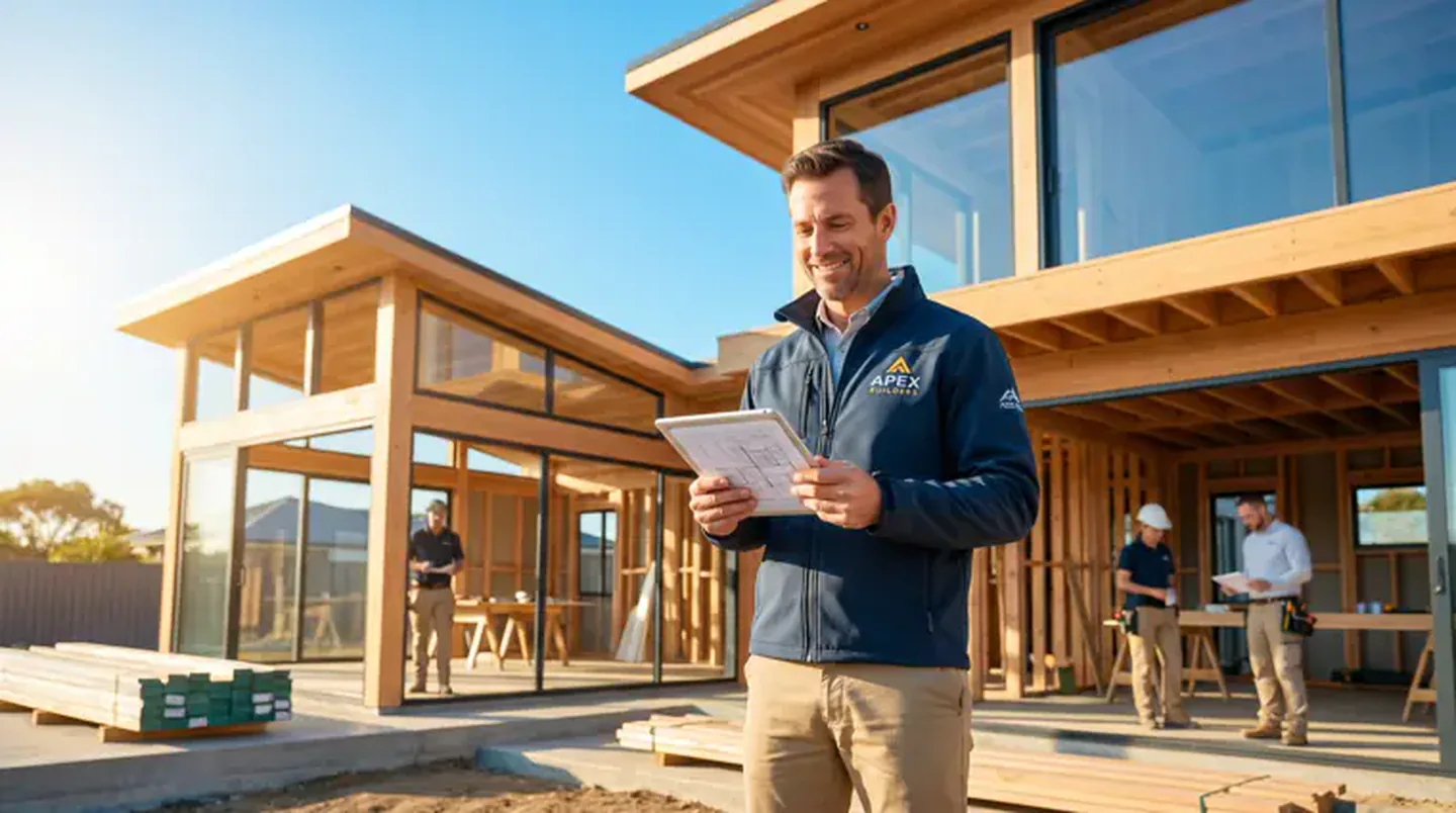 A contractor with a tablet and plans on a sunny timber-framed house build, crew working behind him