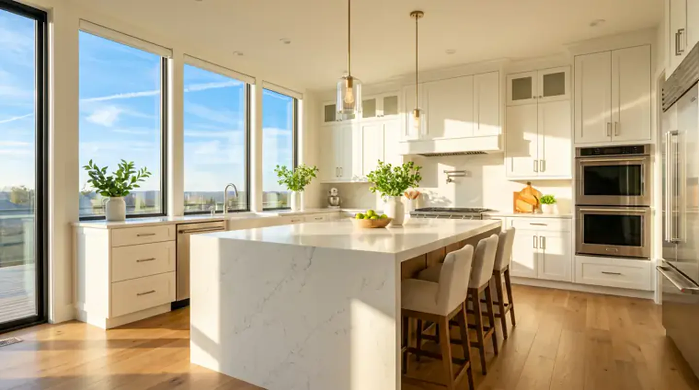 A bright white kitchen in daylight with a marble island, wood floors, glass pendant lights and tall windows