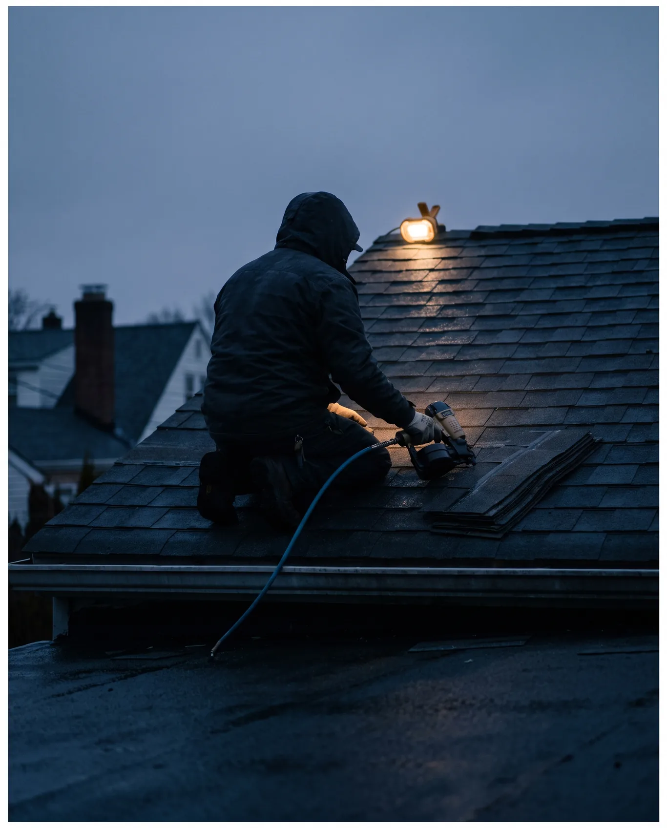 A roofer from behind nailing shingles on a colonial roof at blue hour in New Jersey
