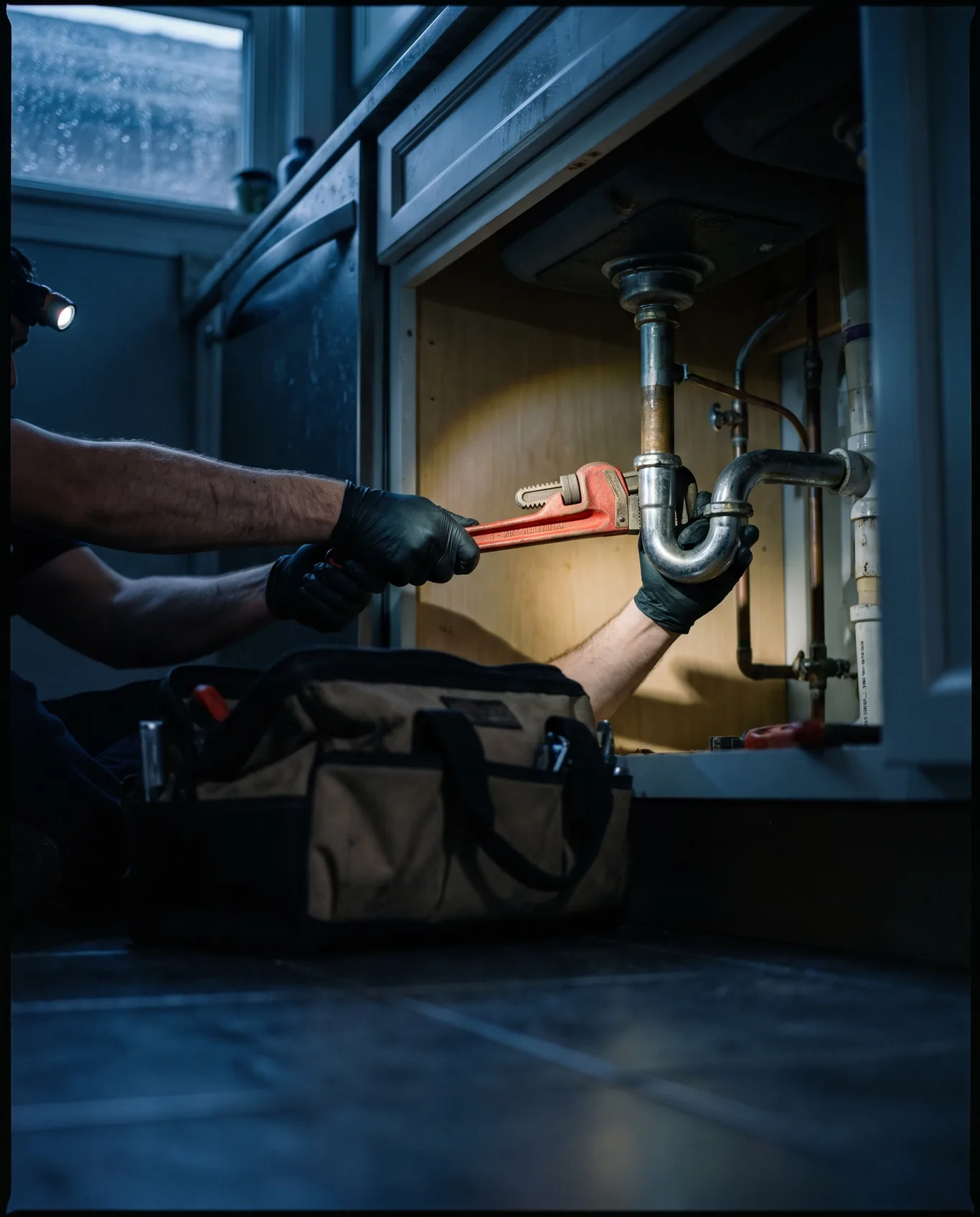 A plumber's hands on a pipe wrench under a kitchen sink, lit by a headlamp