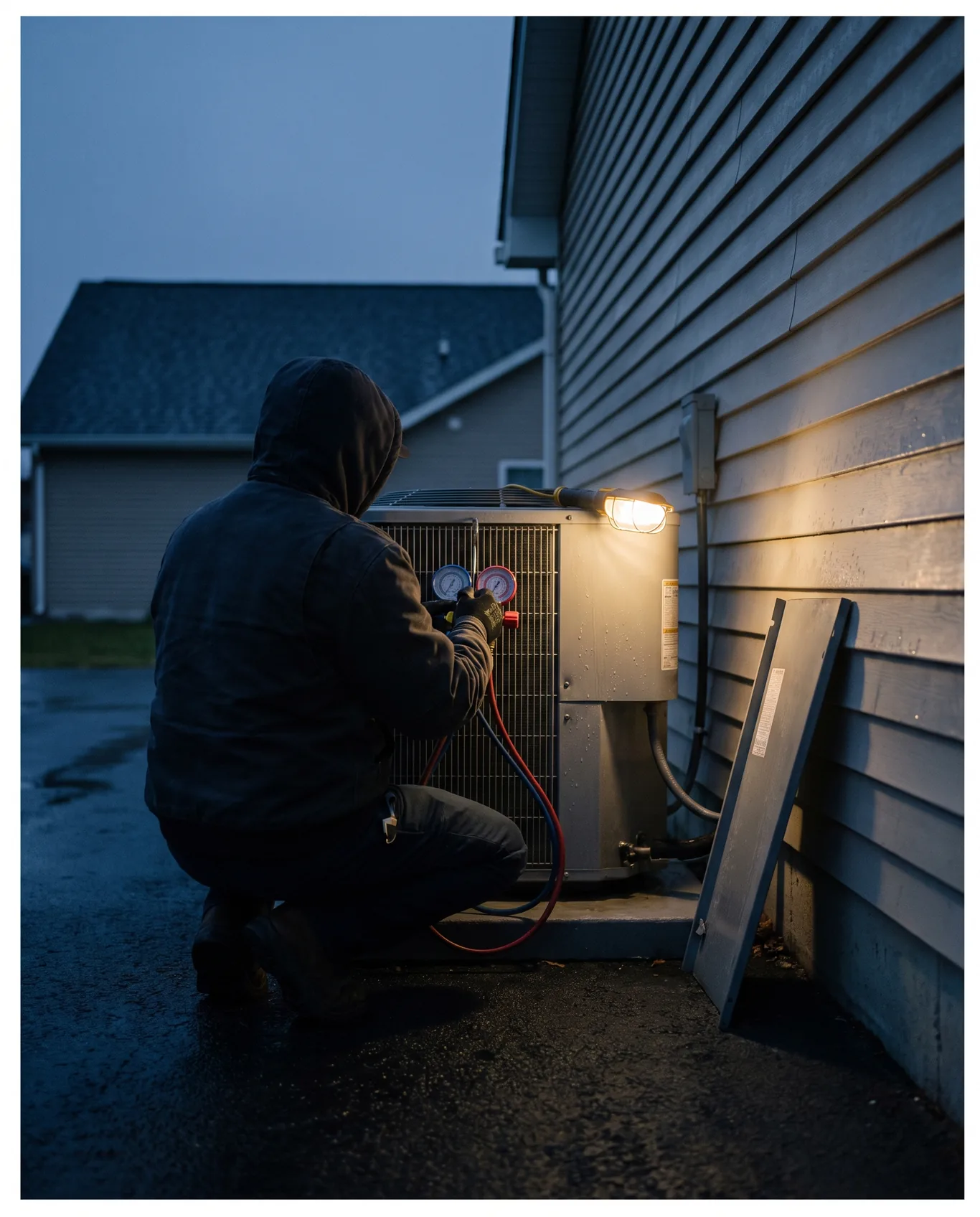 An HVAC technician from behind at a condenser unit beside vinyl siding at dusk