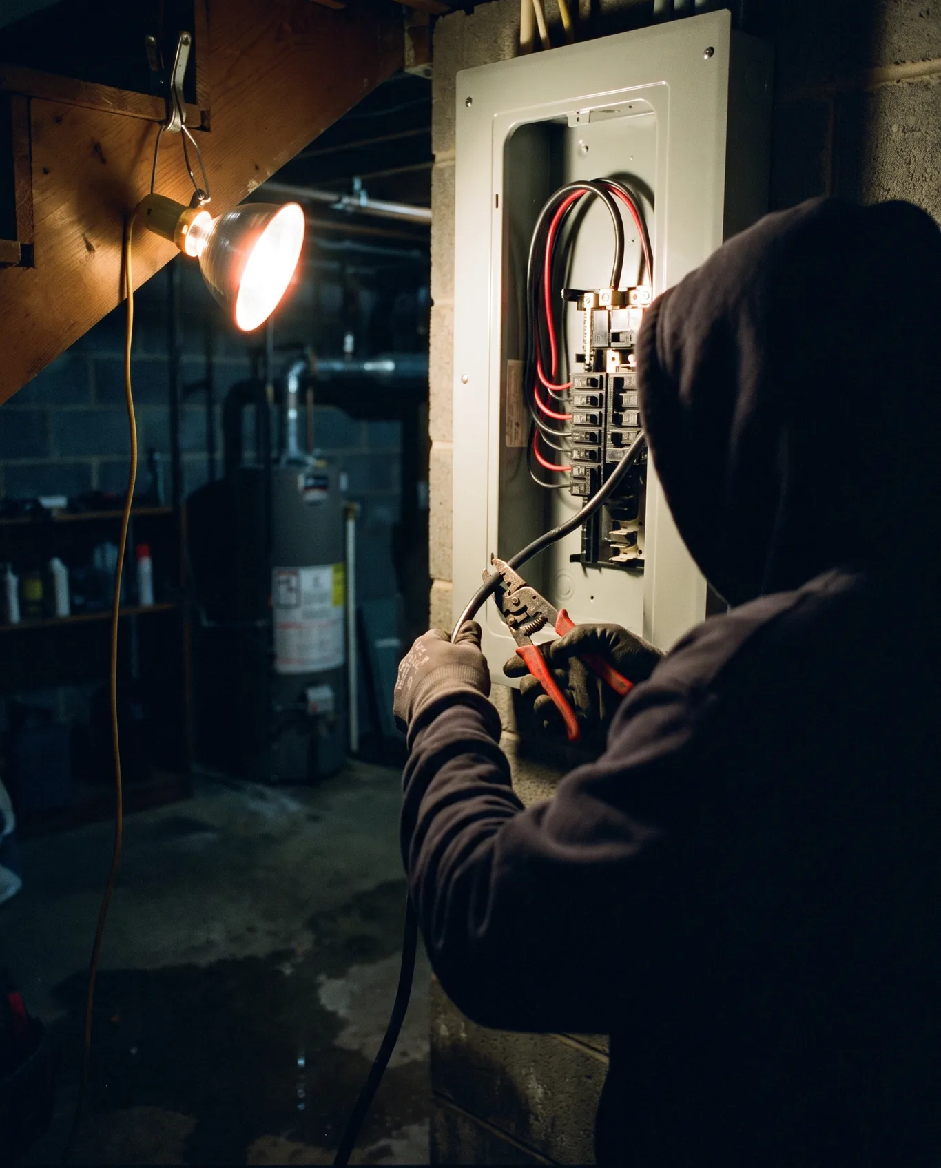 An electrician's gloved hands at an open breaker panel in a basement