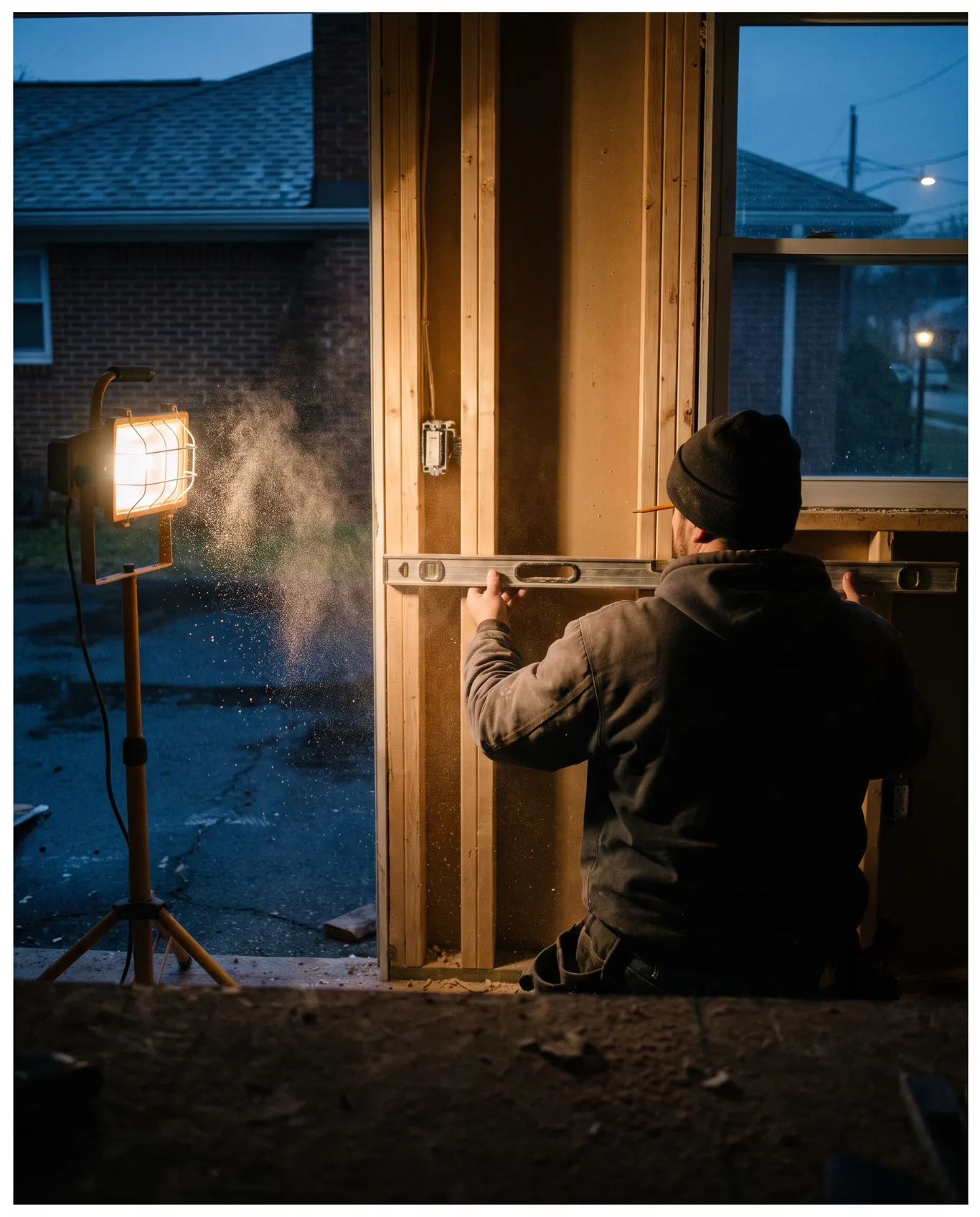 A remodeler from behind holding a level against a new stud wall in a gutted kitchen