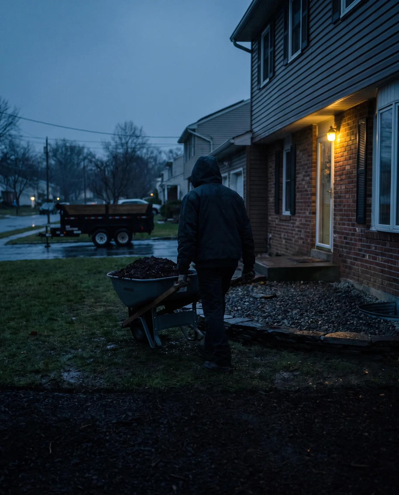 A landscaper from behind pushing a wheelbarrow across a wet lawn at dusk