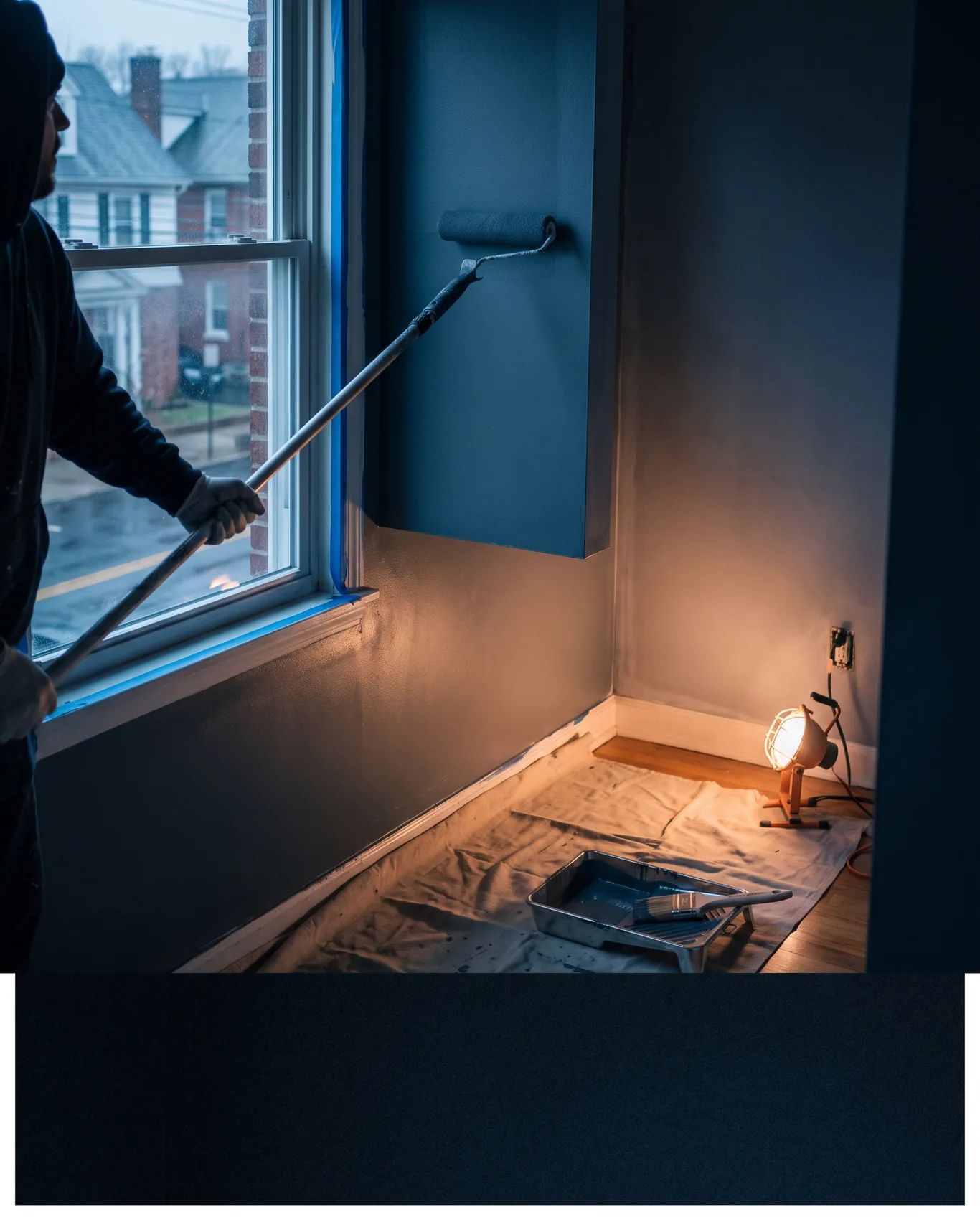 A painter's hand rolling a wall beside a taped window at blue hour