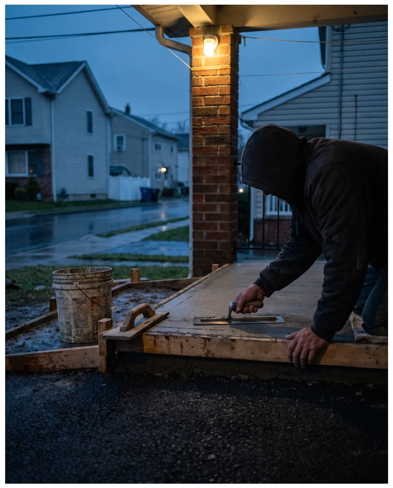 A mason's hands finishing a fresh concrete step with a trowel