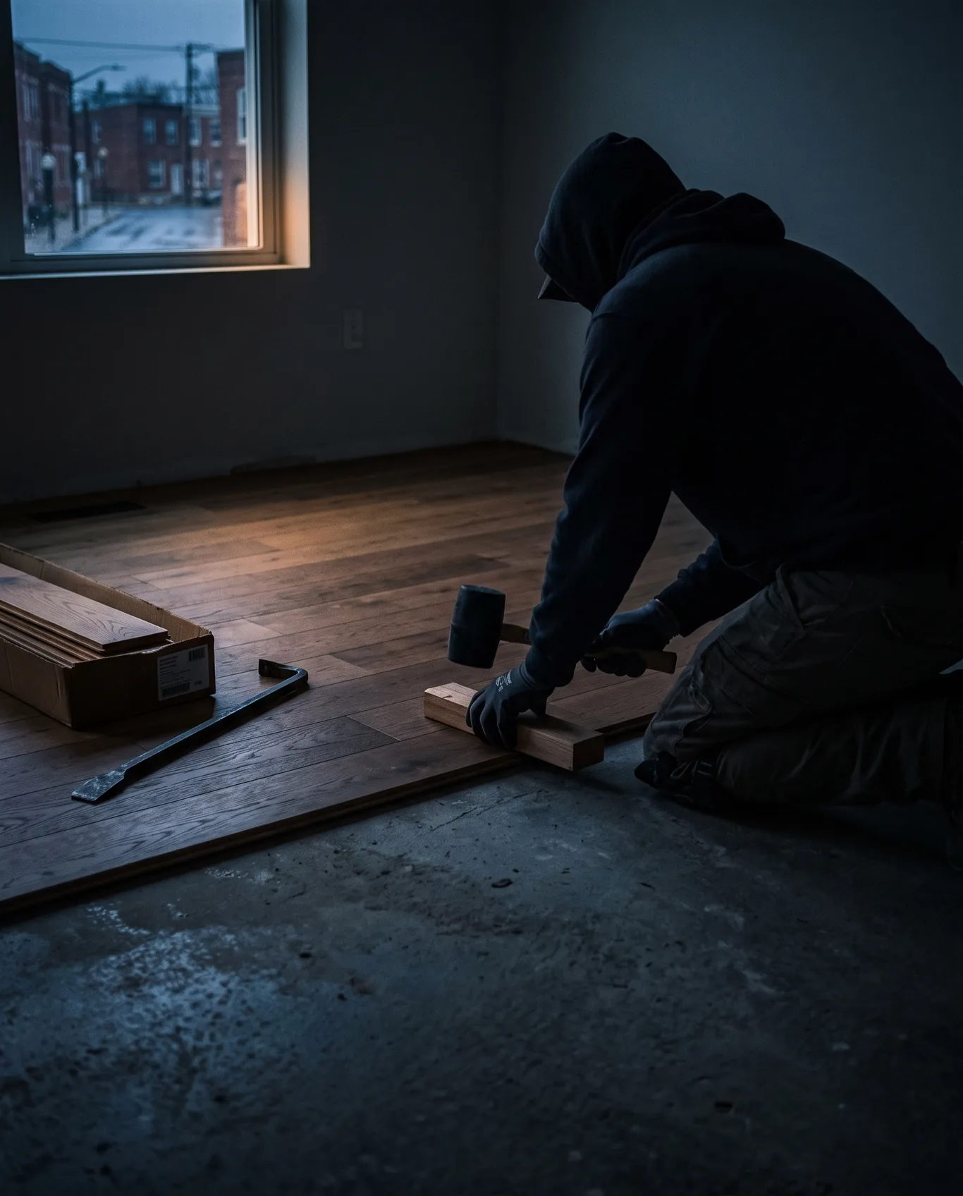 A flooring installer from behind tapping a hardwood plank into place