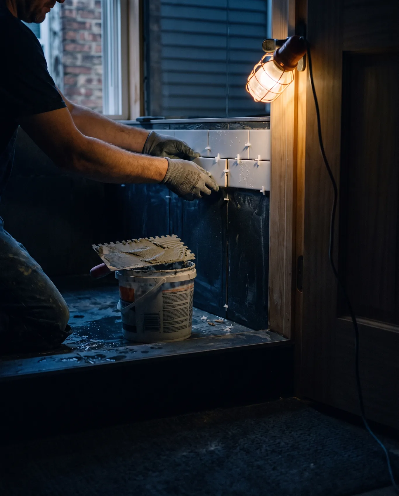 Hands setting subway tile on a shower wall under a work light