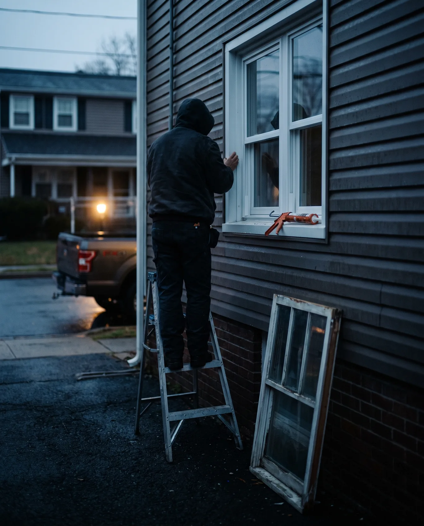 A worker from behind fitting a new window into a vinyl-sided house at dusk