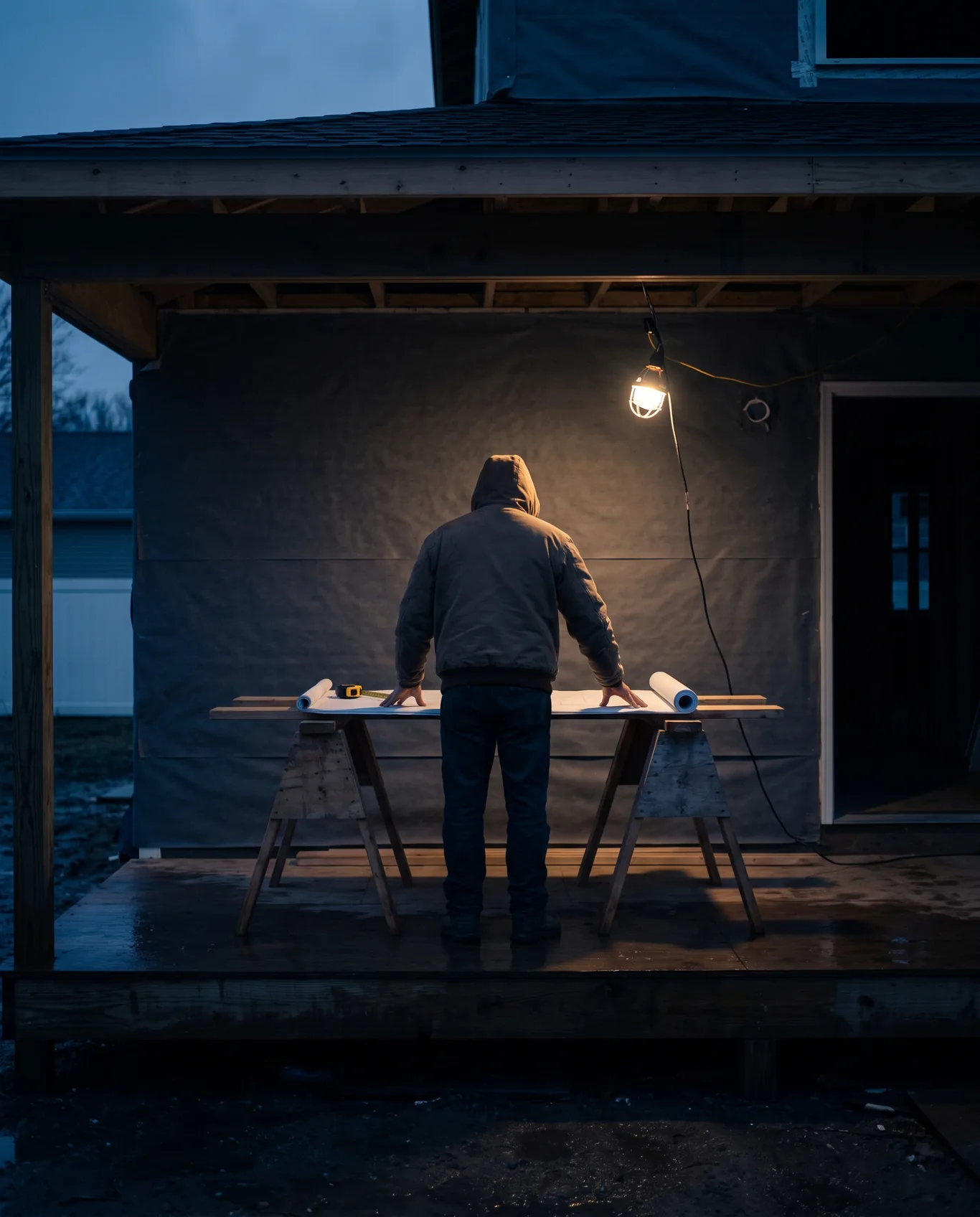 A general contractor from behind reading a plan set on a sawhorse in front of a wrapped house