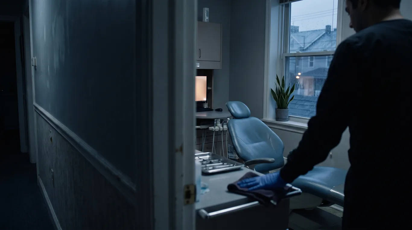 A dental operatory at the end of the day, a gloved hand wiping down the empty reclined chair by dim window light