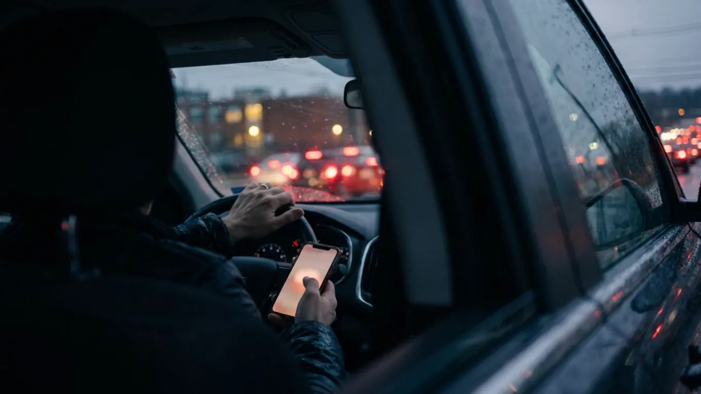 From the back seat of a car in a school pickup line at dusk, a parent's hand on the wheel and a phone glowing in the other, brake lights blurred ahead