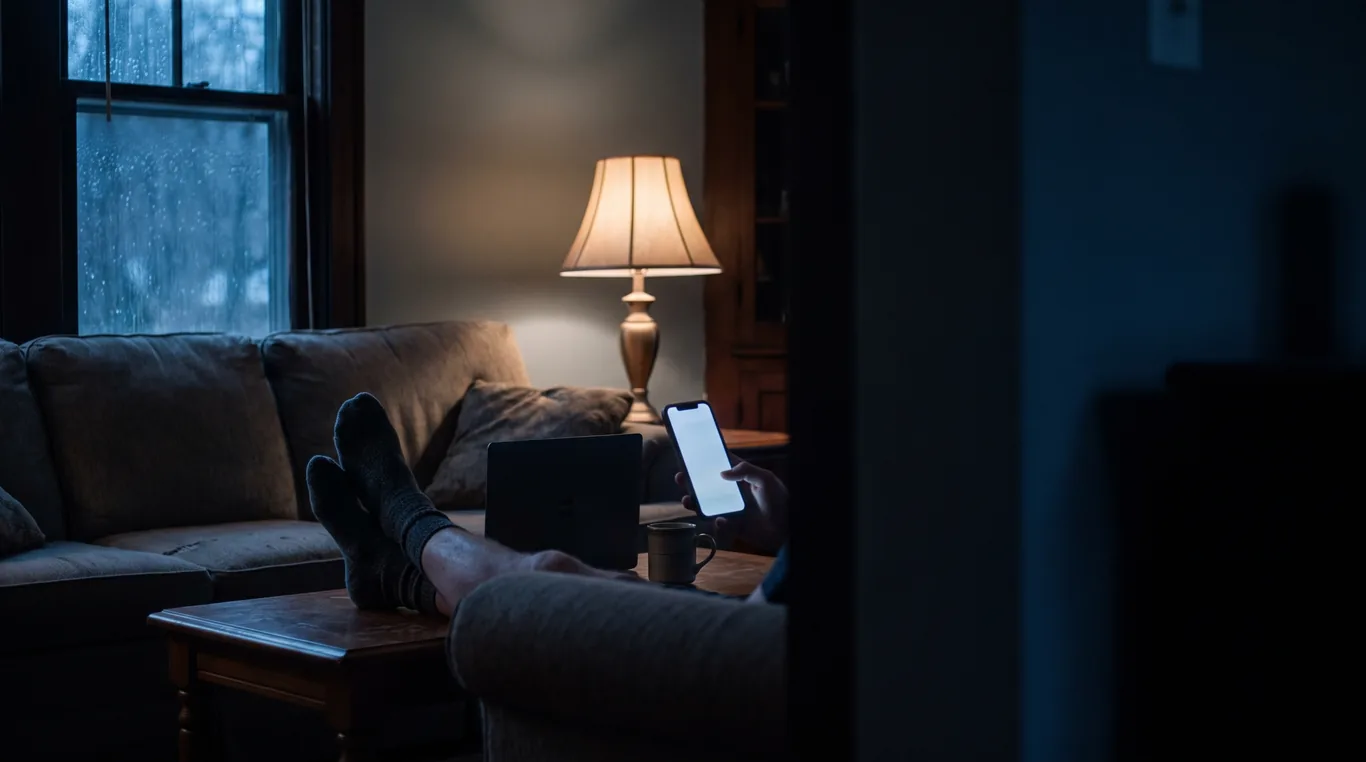 Someone on a couch at night with a phone glowing in one hand, a single lamp the only light, rain on the window behind
