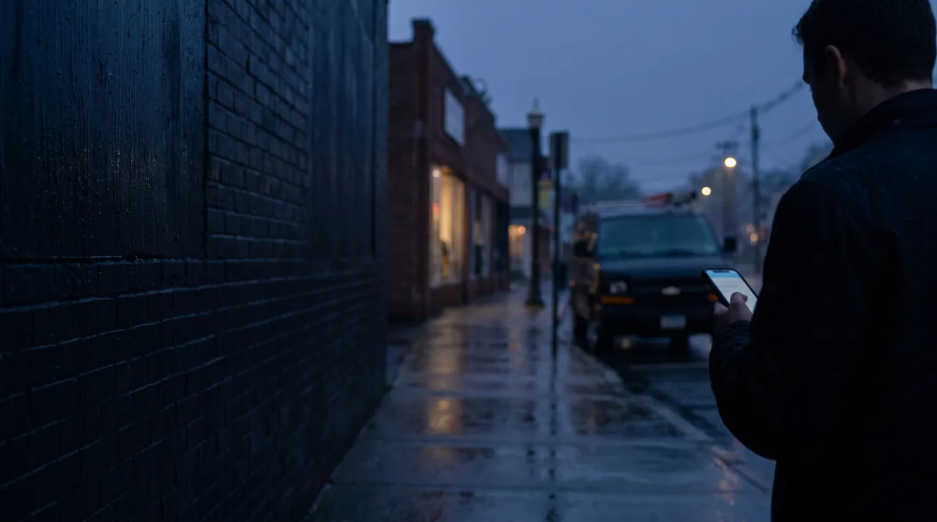 A hand holding a phone at blue hour on a small New Jersey main street, the screen a soft glow, wet sidewalk and dark storefronts out of focus behind