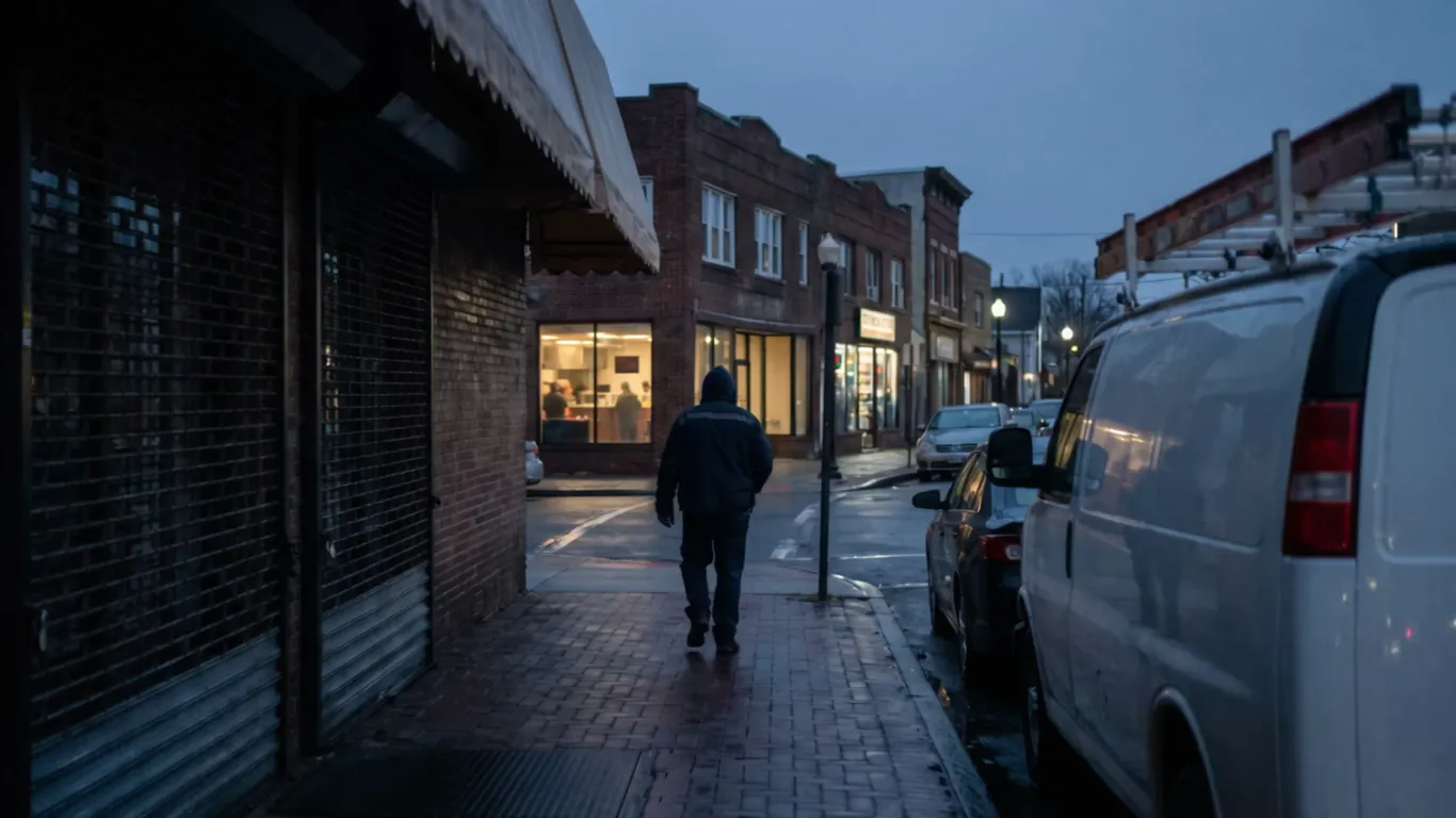 A small-town main street at blue hour, shop windows lighting up one by one beyond a parked work van, the closed shop on the left still dark