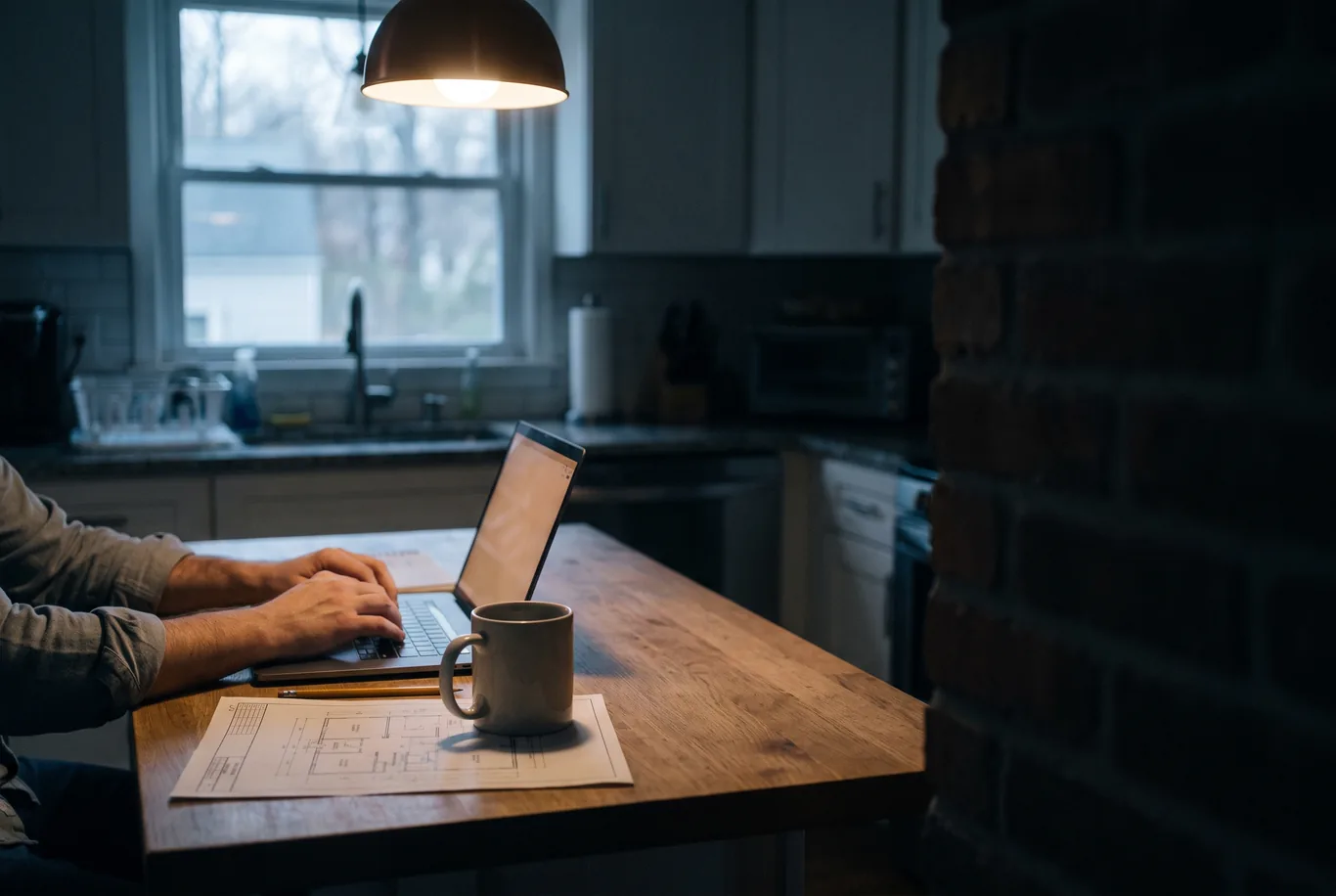 Hands on a laptop at a kitchen table at dusk, a pencil-drawn site plan and a mug of coffee beside it