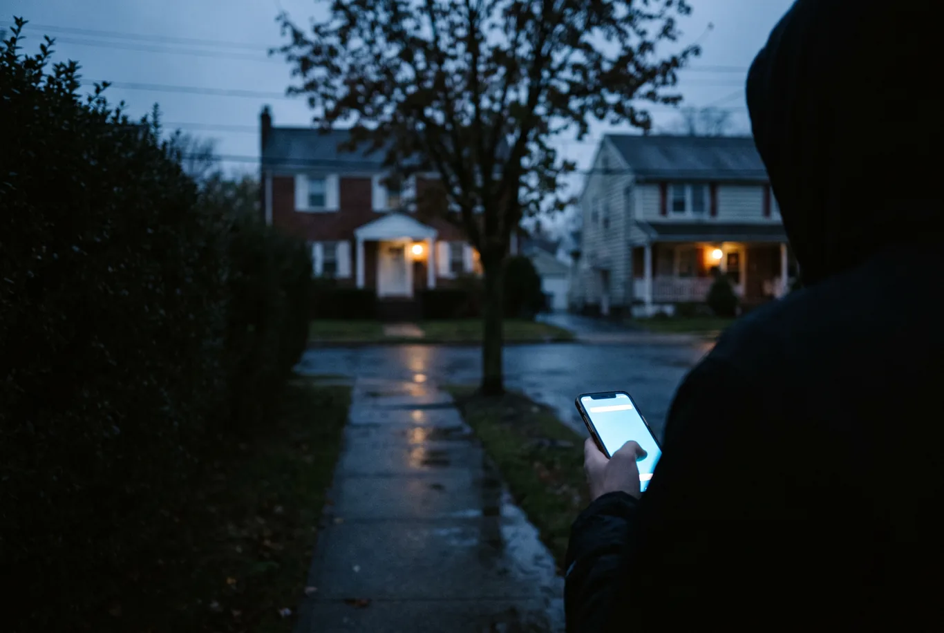A hand holding a glowing phone on a suburban sidewalk at blue hour, colonial houses soft beyond