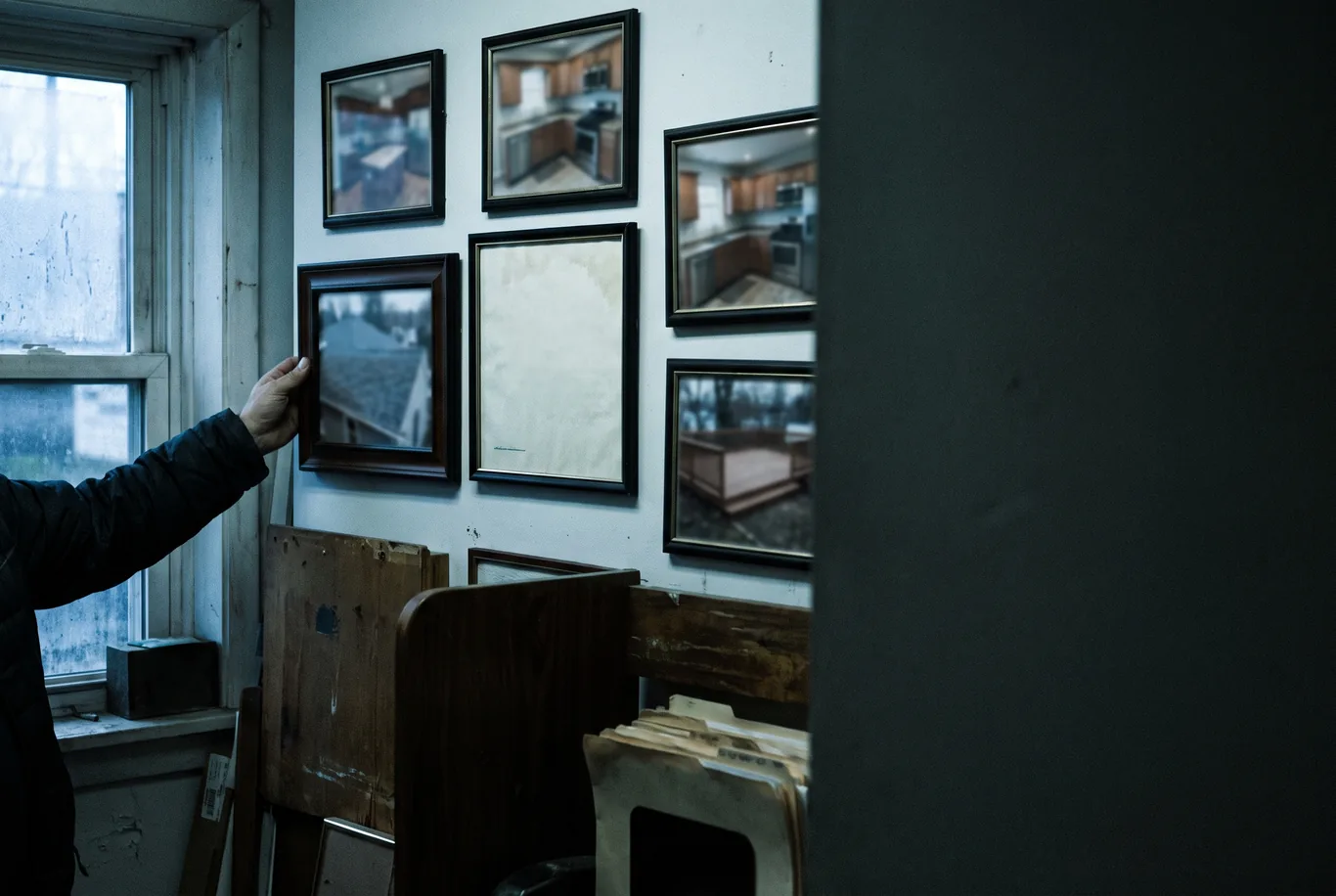 A hand straightening one of a row of framed work photos beside a framed license on an office wall in raking window light