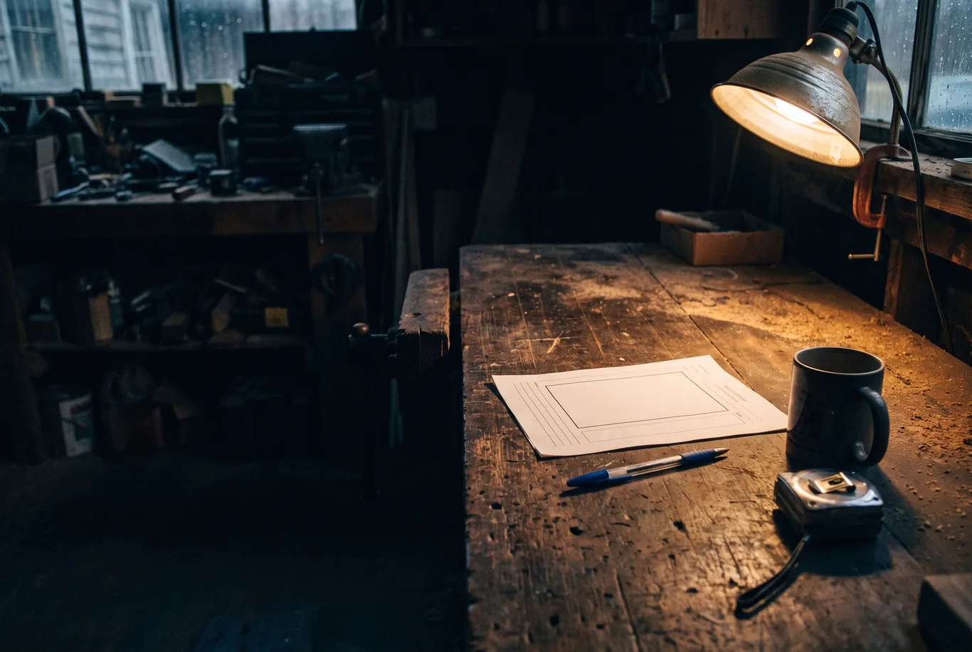 A single printed page on a wooden workbench under a clamp lamp at night, a pen and a mug beside it