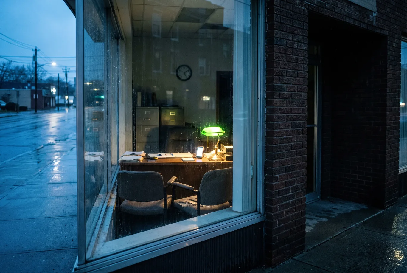 A small office at 9 pm seen through its front window from a rainy sidewalk, one desk lamp on and a phone glowing face up on the empty desk