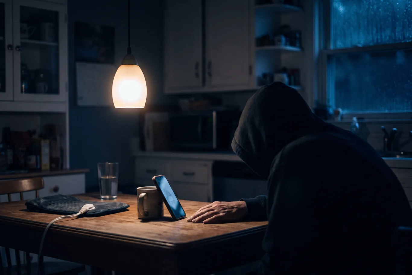 A phone propped against a mug on a kitchen table at night, a hand resting beside it and a heating pad cord trailing off the edge