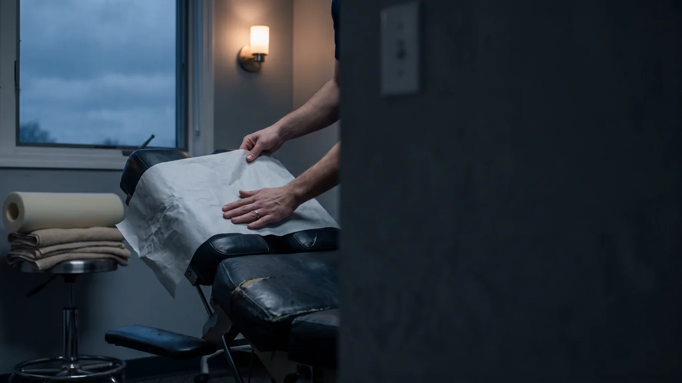 A chiropractic treatment room at dusk, hands smoothing the paper sheet over an empty adjustment table