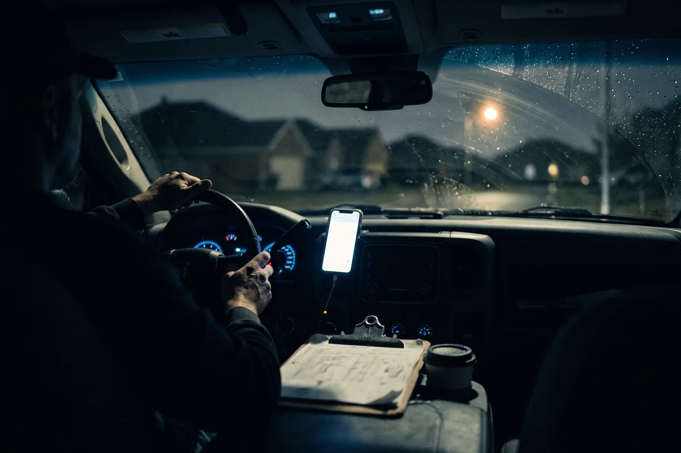 A work truck cab at night with a phone lighting up in the dashboard cradle, rain on the windshield