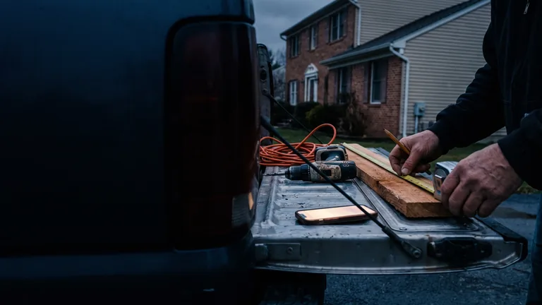 A contractor's hands measuring a length of cedar trim on a tailgate at dusk, a phone lying face up beside the tape