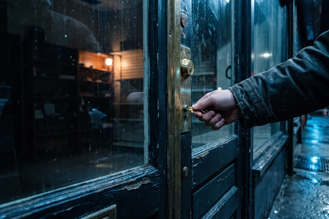 A hand turning a brass key in the deadbolt of a small storefront door at night, the shop dark inside