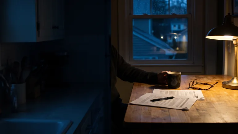 Two printed website quotes side by side on a kitchen table at night under a single lamp, a pen resting across one of them