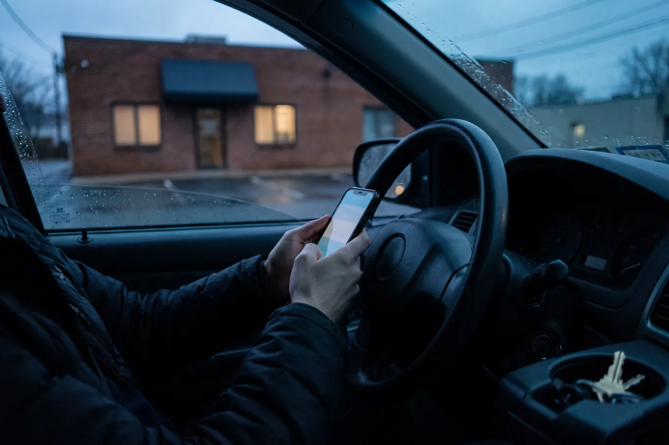 A hand holding a phone in a dark car at night, the screen glow on the dashboard, a dental office window lit across the street