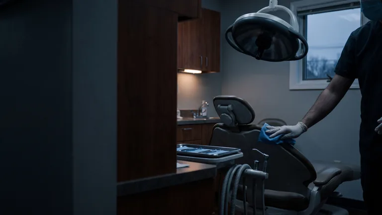 A dental operatory at the end of the day, a gloved hand wiping down the empty reclined chair by dim window light