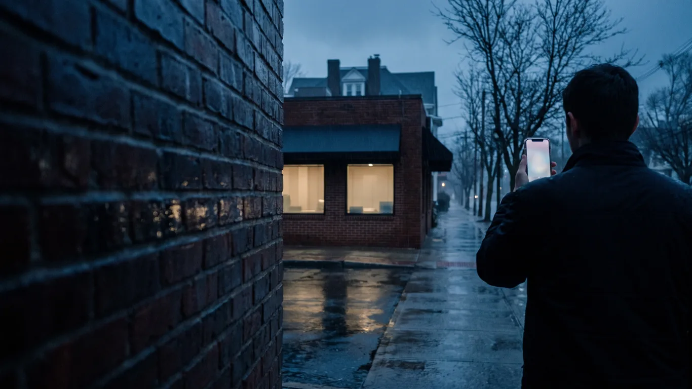 A hand holding a phone on a New Jersey main street at blue hour, the map glow on the screen, a professional building out of focus behind
