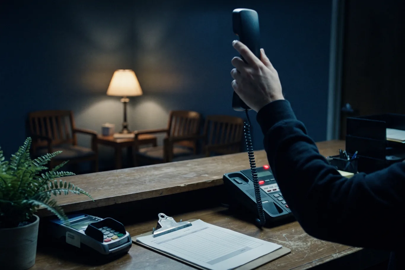 A practice front desk at dusk, a hand on a corded phone handset while a second line blinks unanswered on the console