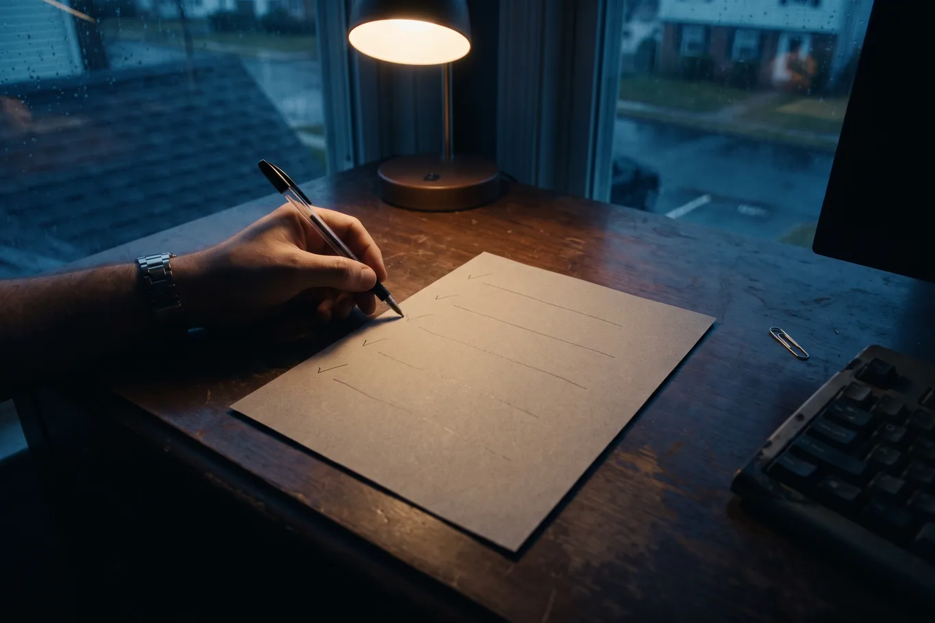 A single printed weekly plan on a desk under a lamp, four items ticked in pen