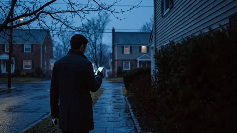 A patient's hand holding a phone on a suburban New Jersey sidewalk at blue hour, the screen a soft glow, colonial houses out of focus behind