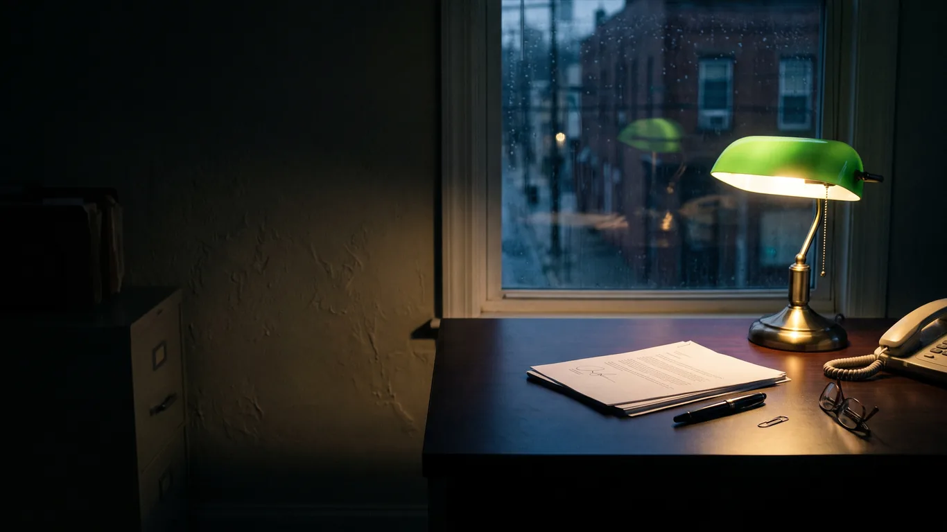 A signed paper agreement and a pen on a dark desk at night beside a corded office phone, one lamp lit