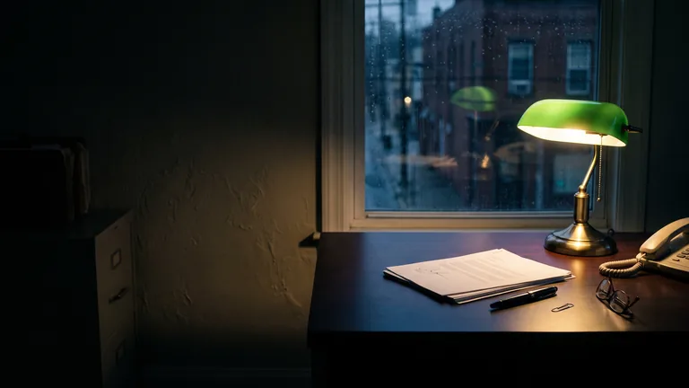 A signed paper agreement and a pen on a dark desk at night beside a corded office phone, one lamp lit